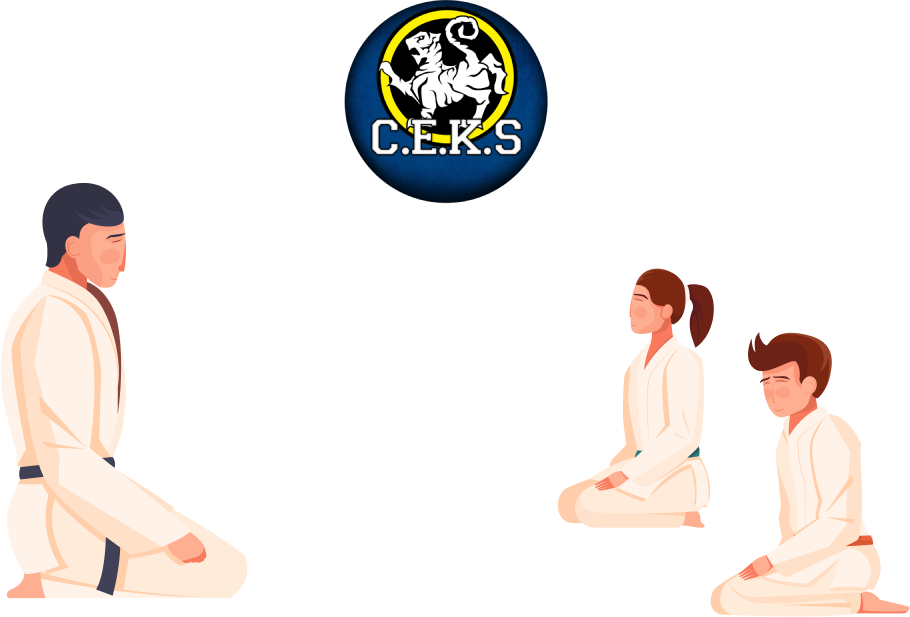 sensei e estudantes com logo da escola ceks ao fundo